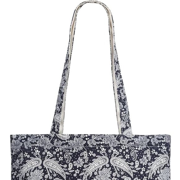 Canvas Tote Bag Dark Blue Retro Flower Dual Handled Reusable Women's Cloth NEW - Picture 7 of 9